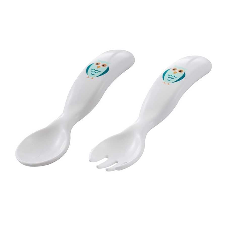Mamajoo Ergonomik Beslenme Kaşık Çatal Seti Beyaz & Baykuş, 6 Ay+ İkili