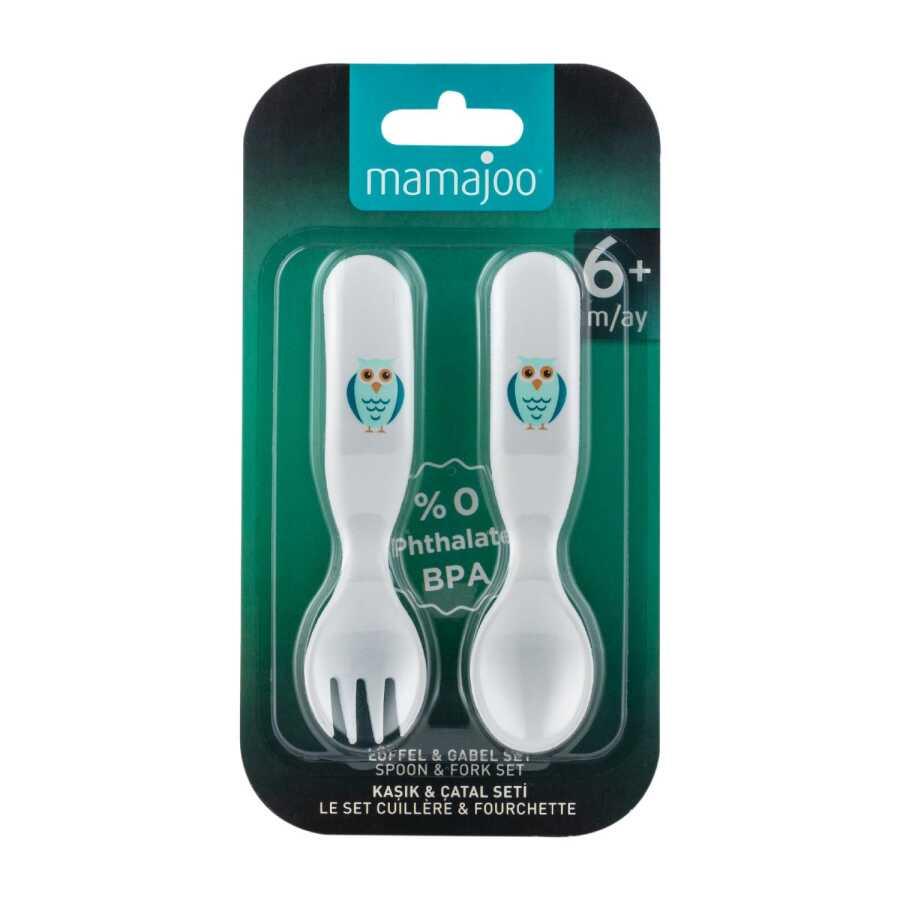 Mamajoo Ergonomik Beslenme Kaşık Çatal Seti Beyaz & Baykuş, 6 Ay+ İkili