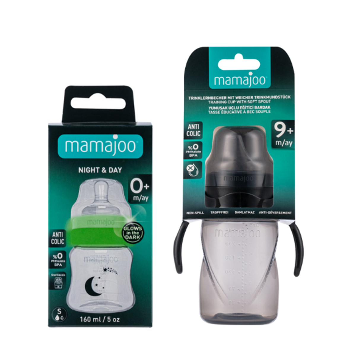 Mamajoo Gece & Gündüz Biberonu 160 ml & Kulplu Eğitici Bardak 270 ml / Black