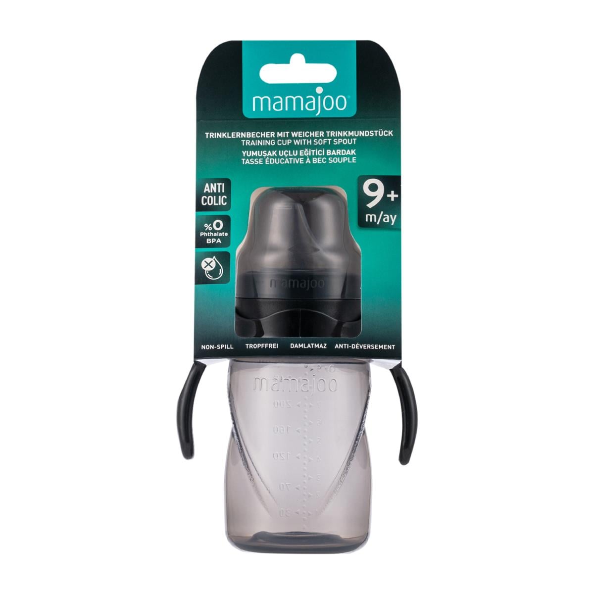 Mamajoo Gece & Gündüz Biberonu 160ml & Kulplu Eğitici Bardak 270 ml & Saklama Kutulu İkili Emzik / Black