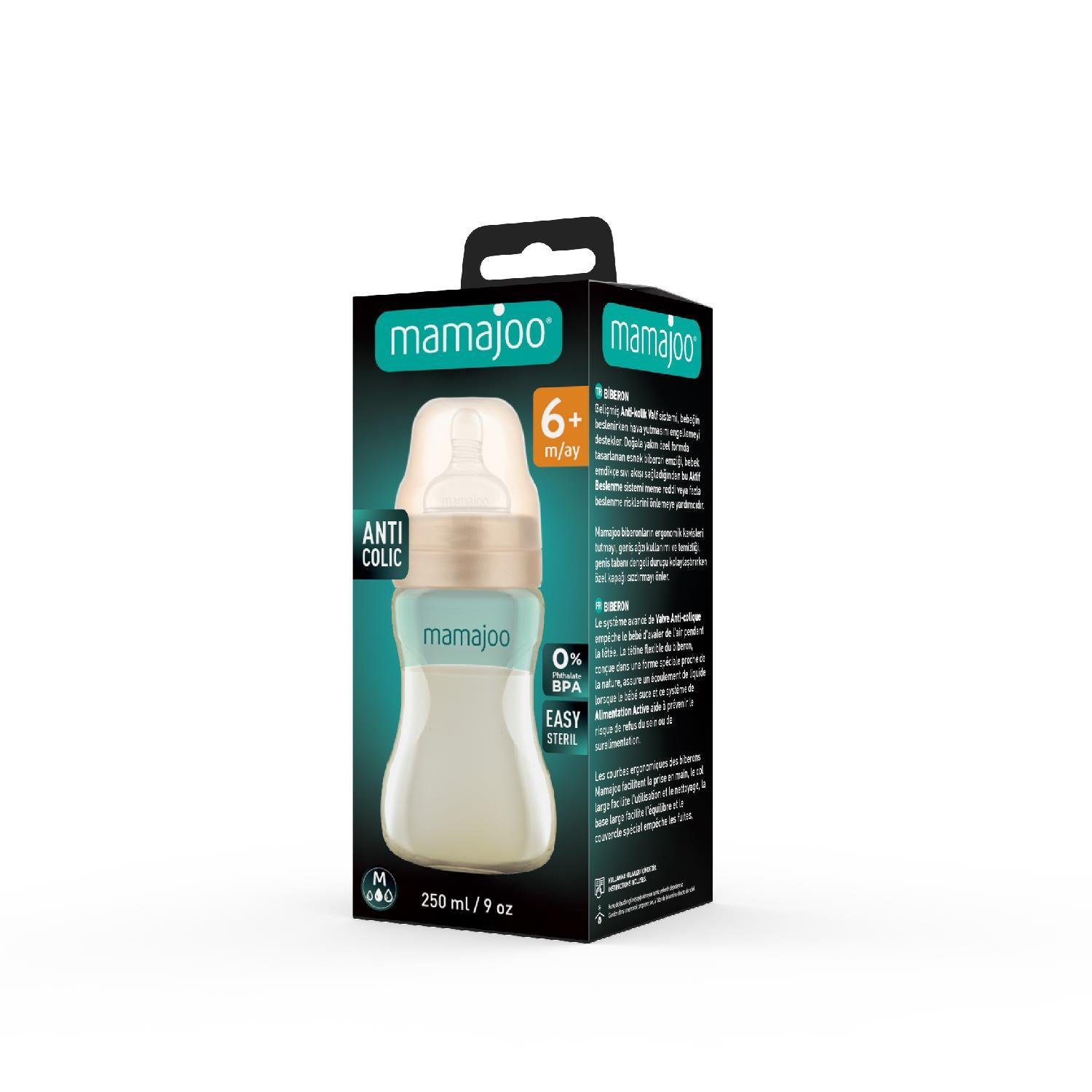 Mamajoo Gold Plus Biberon 250 ml & Anti-Kolik Silikon Biberon Emziği S