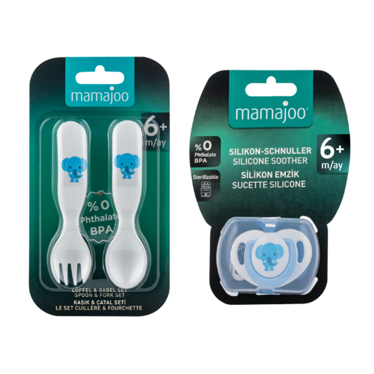 Mamajoo Kaşık & Çatal Seti & Saklama Kutulu Ortodontik Emzik Fil Desenli / 12 Ay+