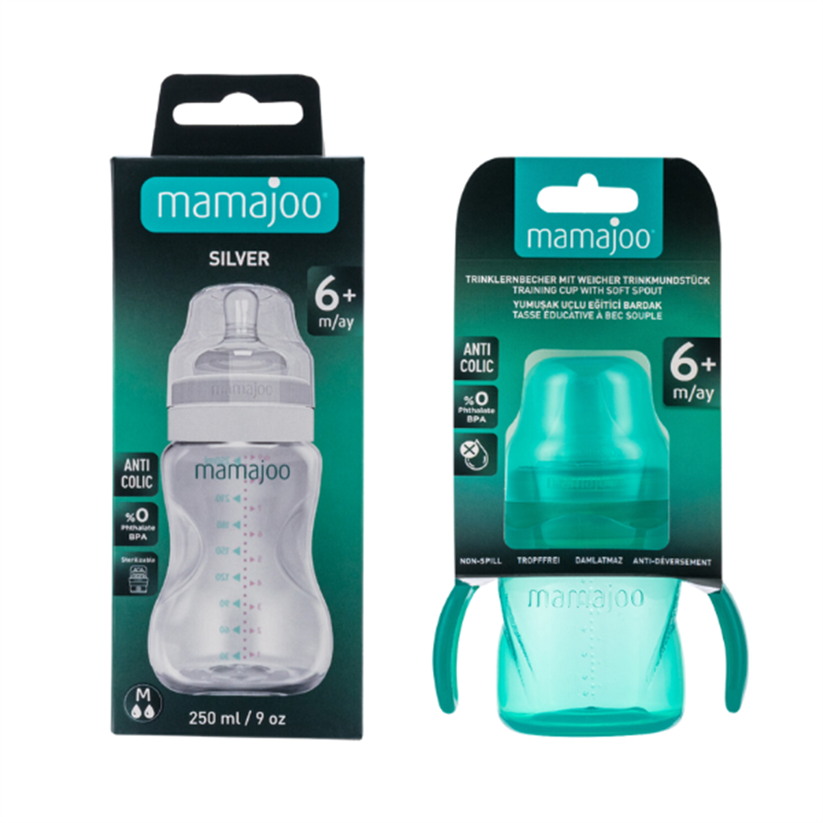 Mamajoo Kulplu Eğitici Bardak 160ml & Silver Biberon 250ml/Yeşil