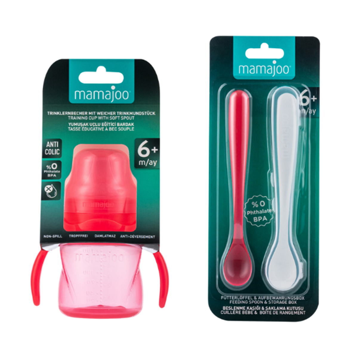 Mamajoo Kulplu Eğitici Bardak 160 ml & İkili Beslenme Kaşığı/Pembe