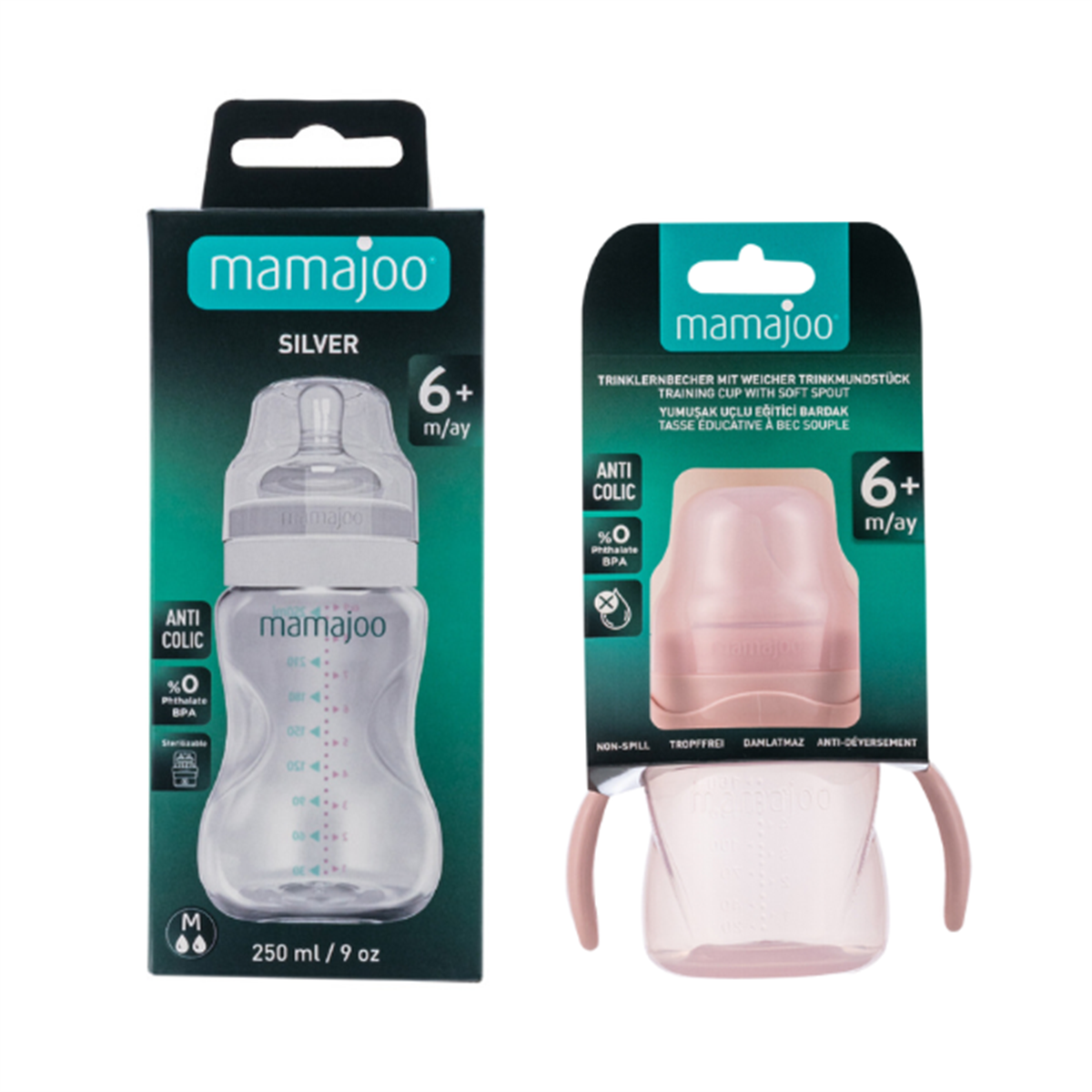 Mamajoo Kulplu Eğitici Bardak 160ml & Silver Biberon 250ml / Powder Pink
