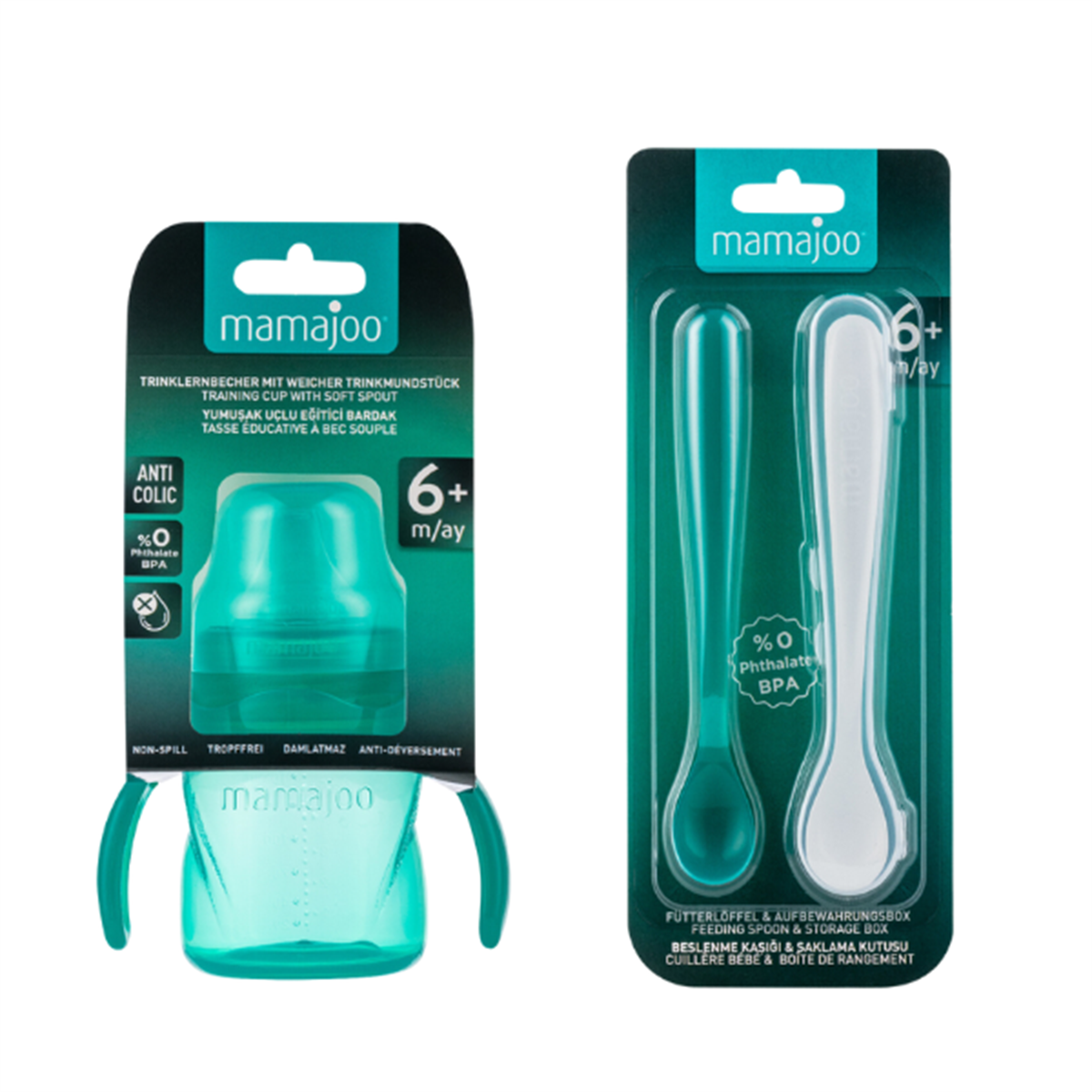 Mamajoo Kulplu Eğitici Bardak 160 ml & İkili Beslenme Kaşığı/Yeşil