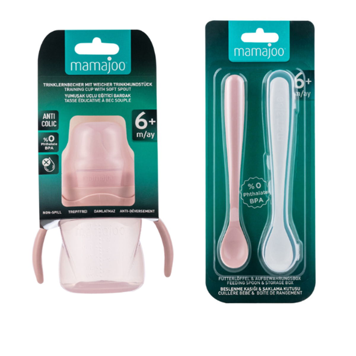 Mamajoo Kulplu Eğitici Bardak 160 ml & İkili Beslenme Kaşığı / Powder Pink