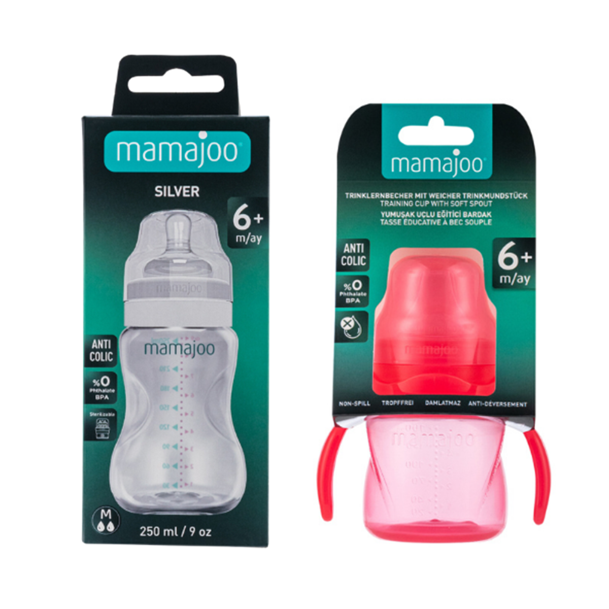 Mamajoo Kulplu Eğitici Bardak 160ml & Silver Biberon 250ml/Pembe