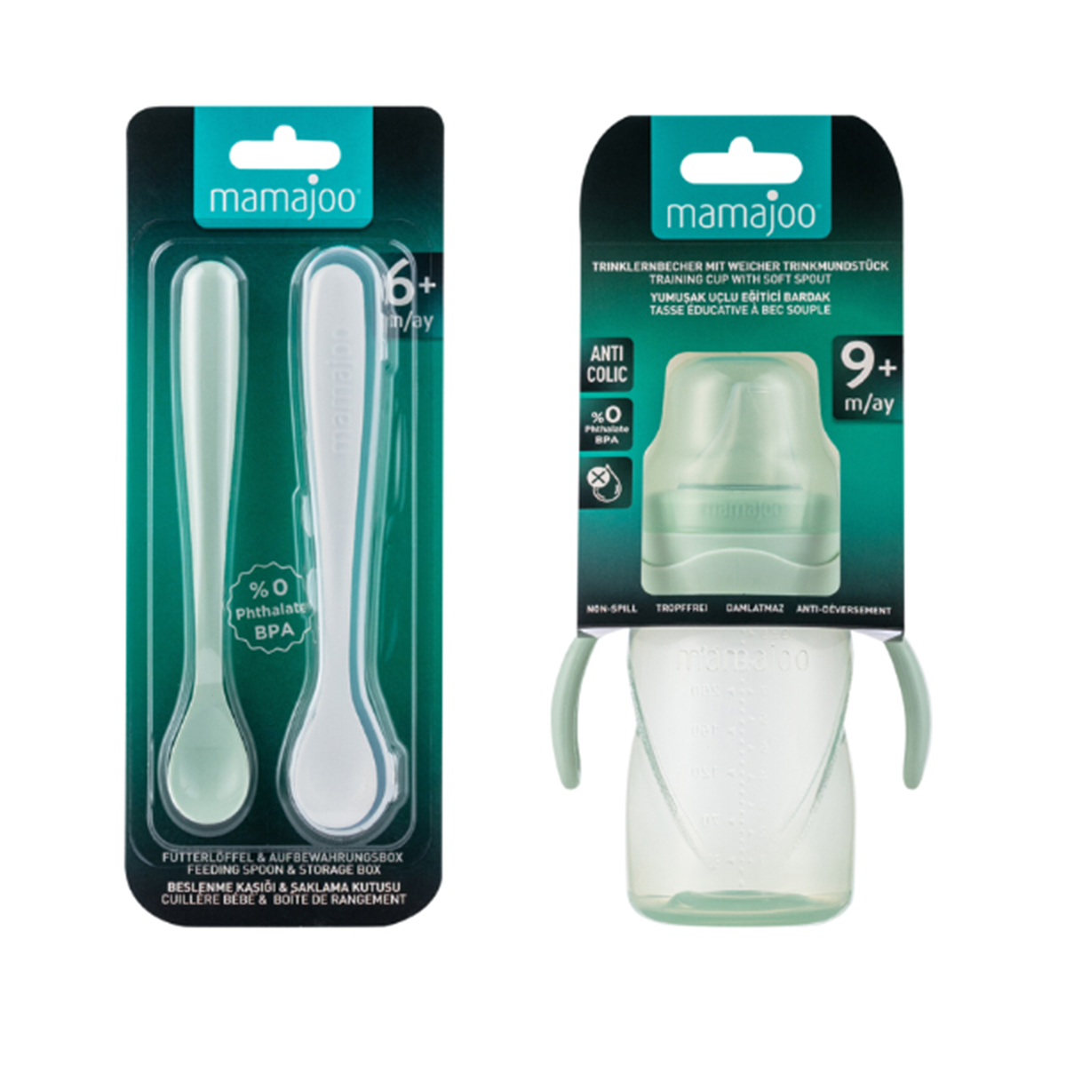 Mamajoo Kulplu Eğitici Bardak 270 ml & İkili Beslenme Kaşığı / Powder Green