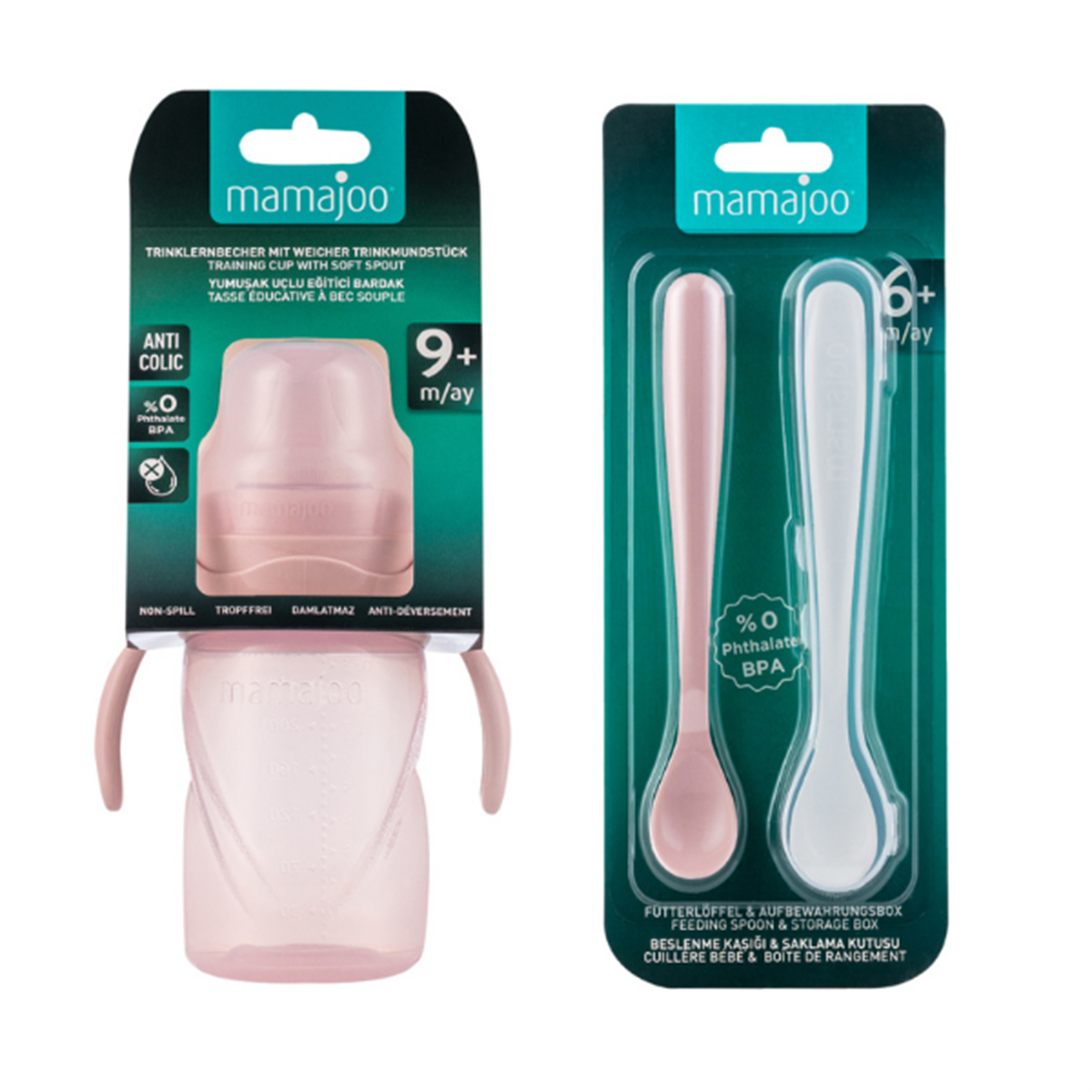 Mamajoo Kulplu Eğitici Bardak 270 ml & İkili Beslenme Kaşığı / Powder Pink