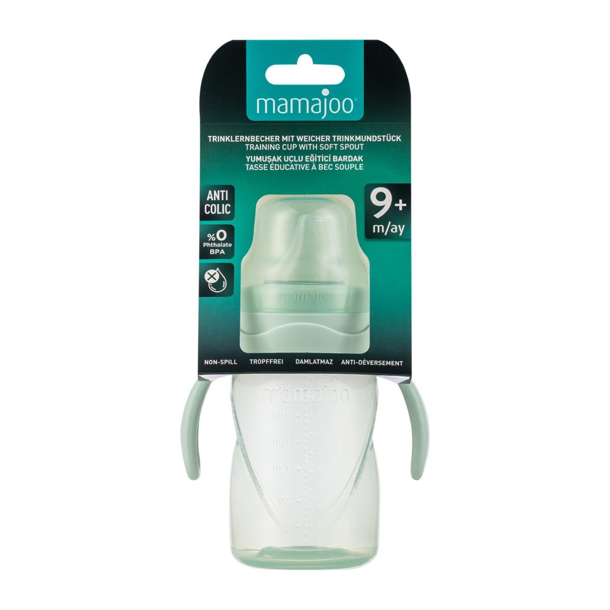 Mamajoo Kulplu Eğitici Bardak 270 ml & İkili Beslenme Kaşığı / Powder Green