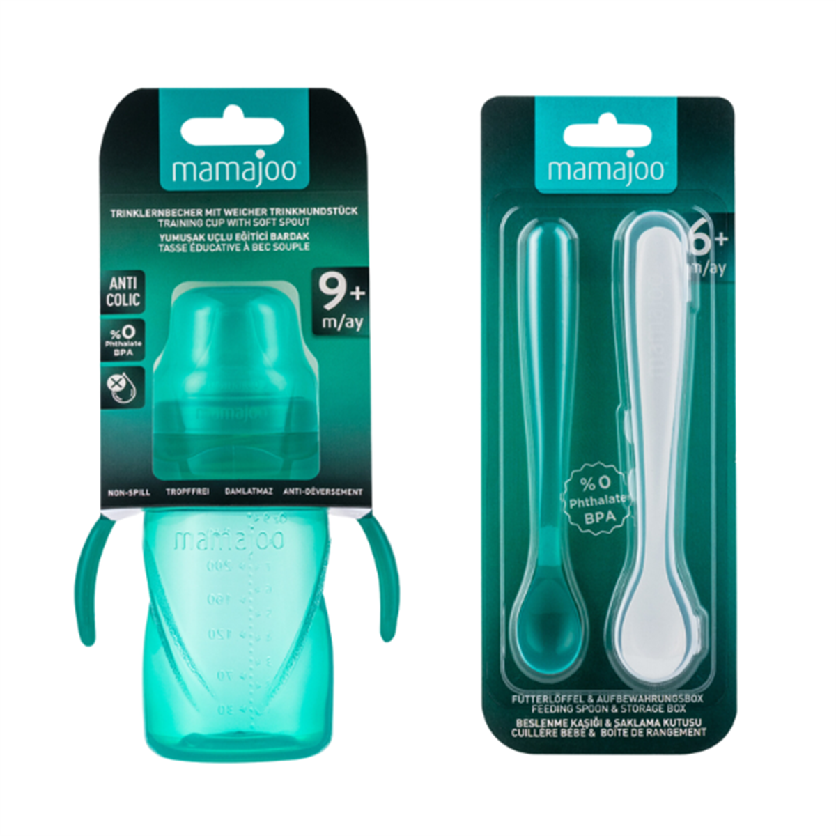 Mamajoo Kulplu Eğitici Bardak 270 ml & İkili Beslenme Kaşığı / Yeşil