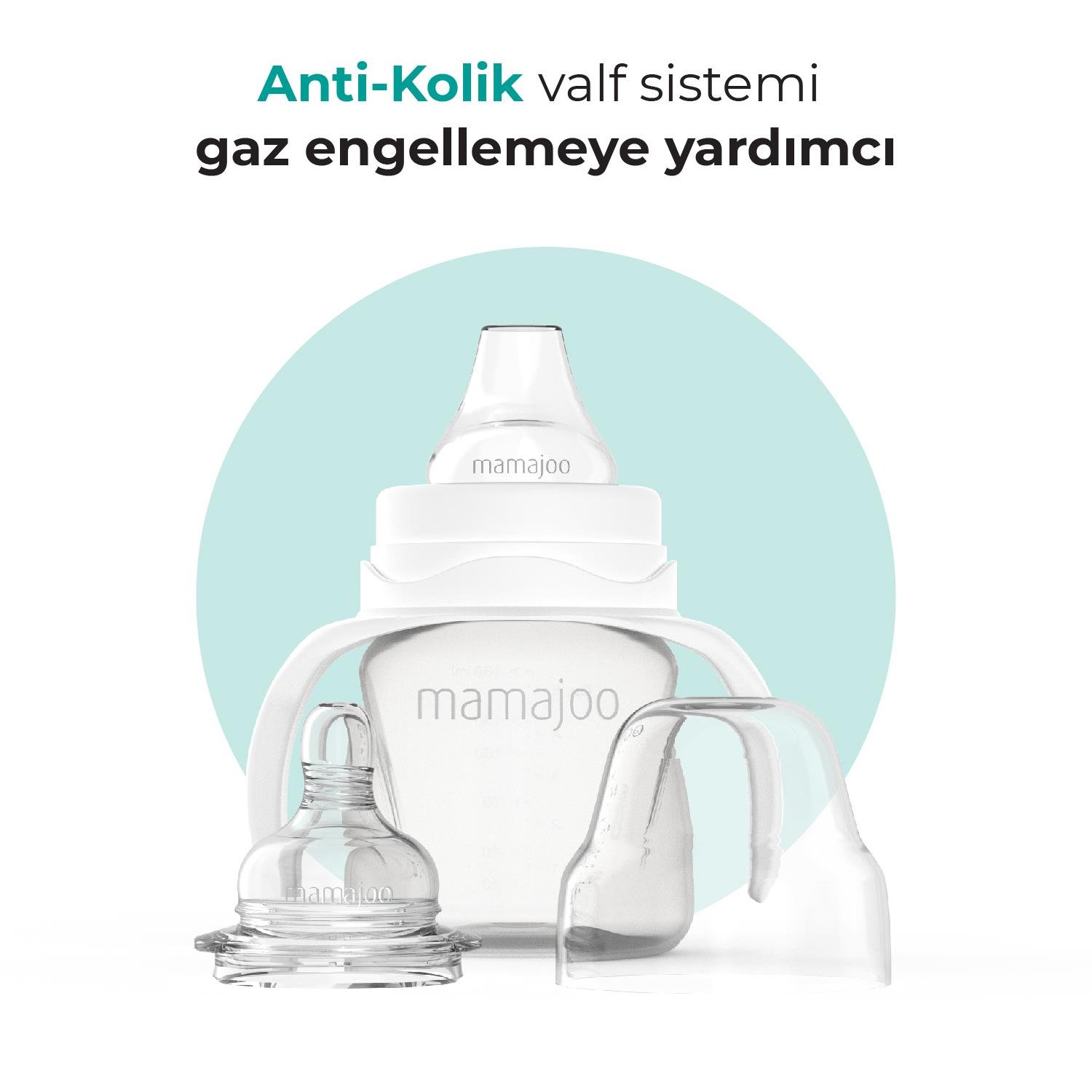 Mamajoo Kulplu Eğitici Biberon, 160 ml, 6 Ay+, Yumuşak Bardak Ucu, Anti Kolik 