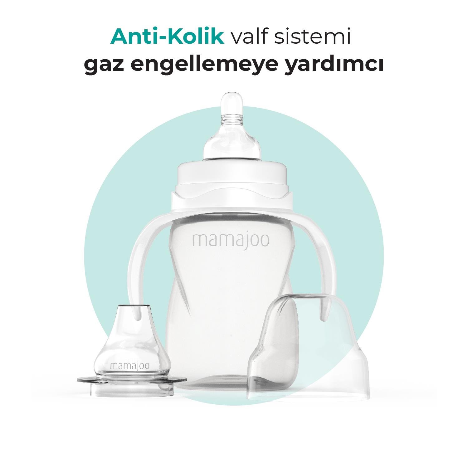 Mamajoo Kulplu Eğitici Biberon 270 ml, 12 Ay+, Yumuşak Bardak Ucu, Anti Kolik