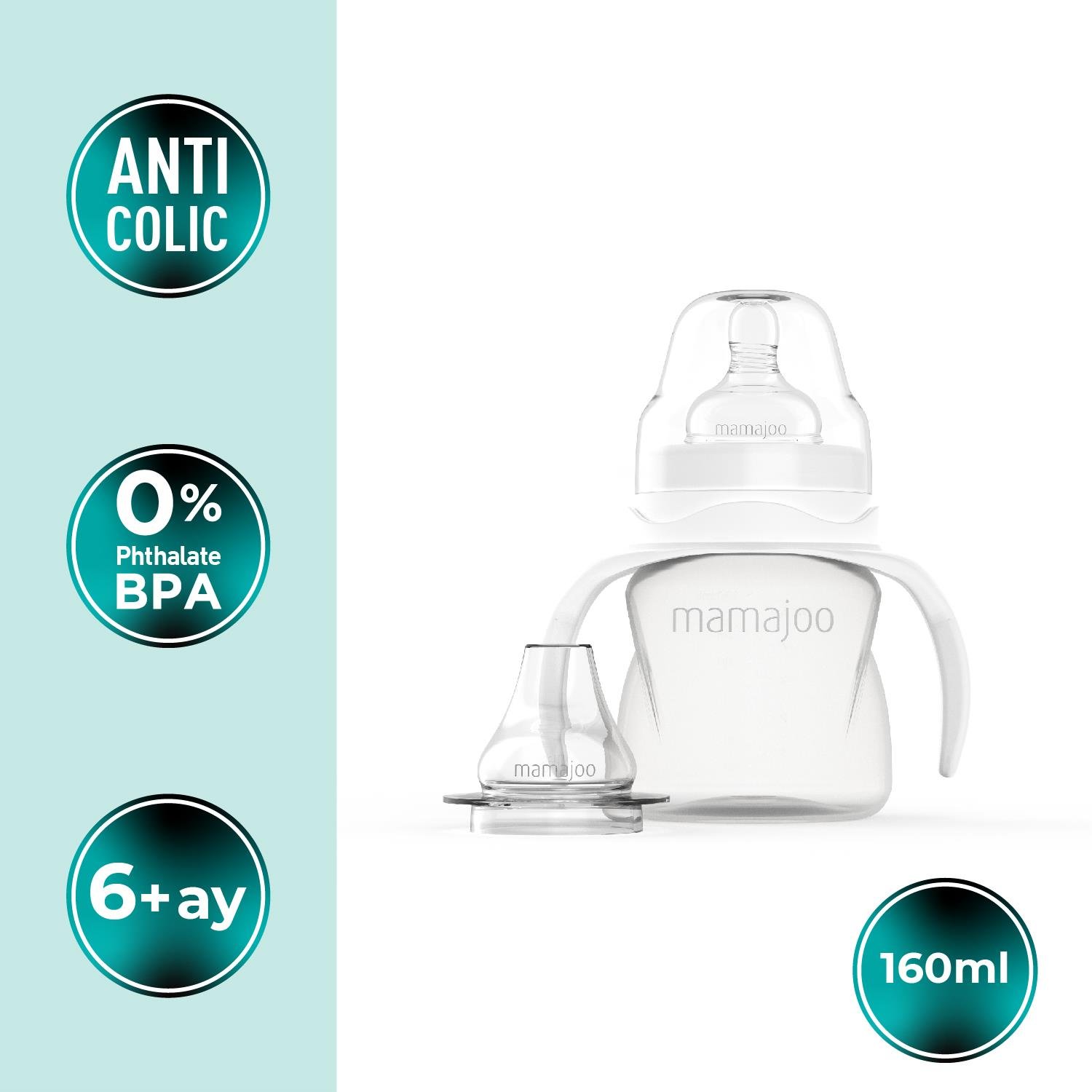 Mamajoo Kulplu Eğitici Biberon, 160 ml, 6 Ay+, Yumuşak Bardak Ucu, Anti Kolik 