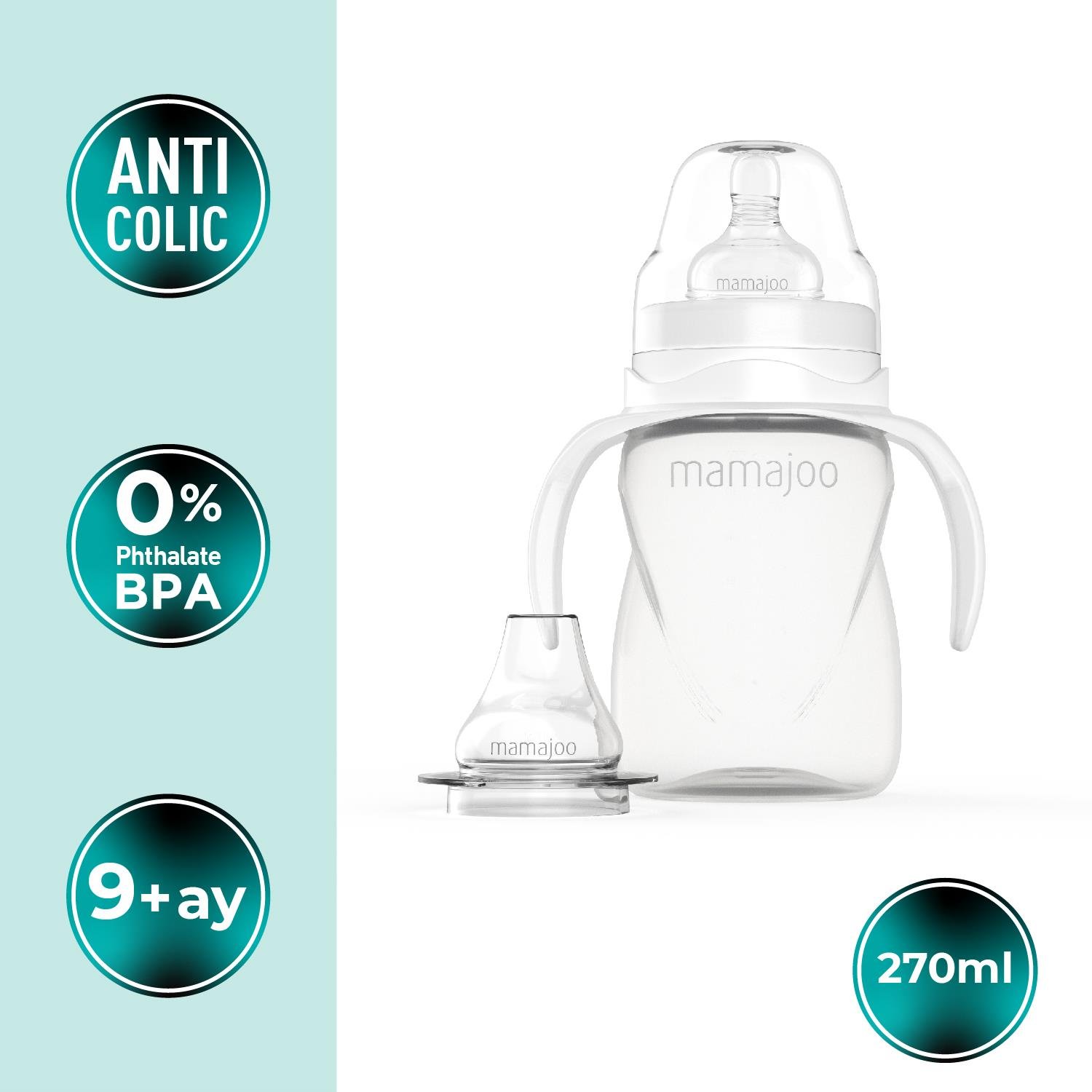 Mamajoo Kulplu Eğitici Biberon 270 ml, 12 Ay+, Yumuşak Bardak Ucu, Anti Kolik