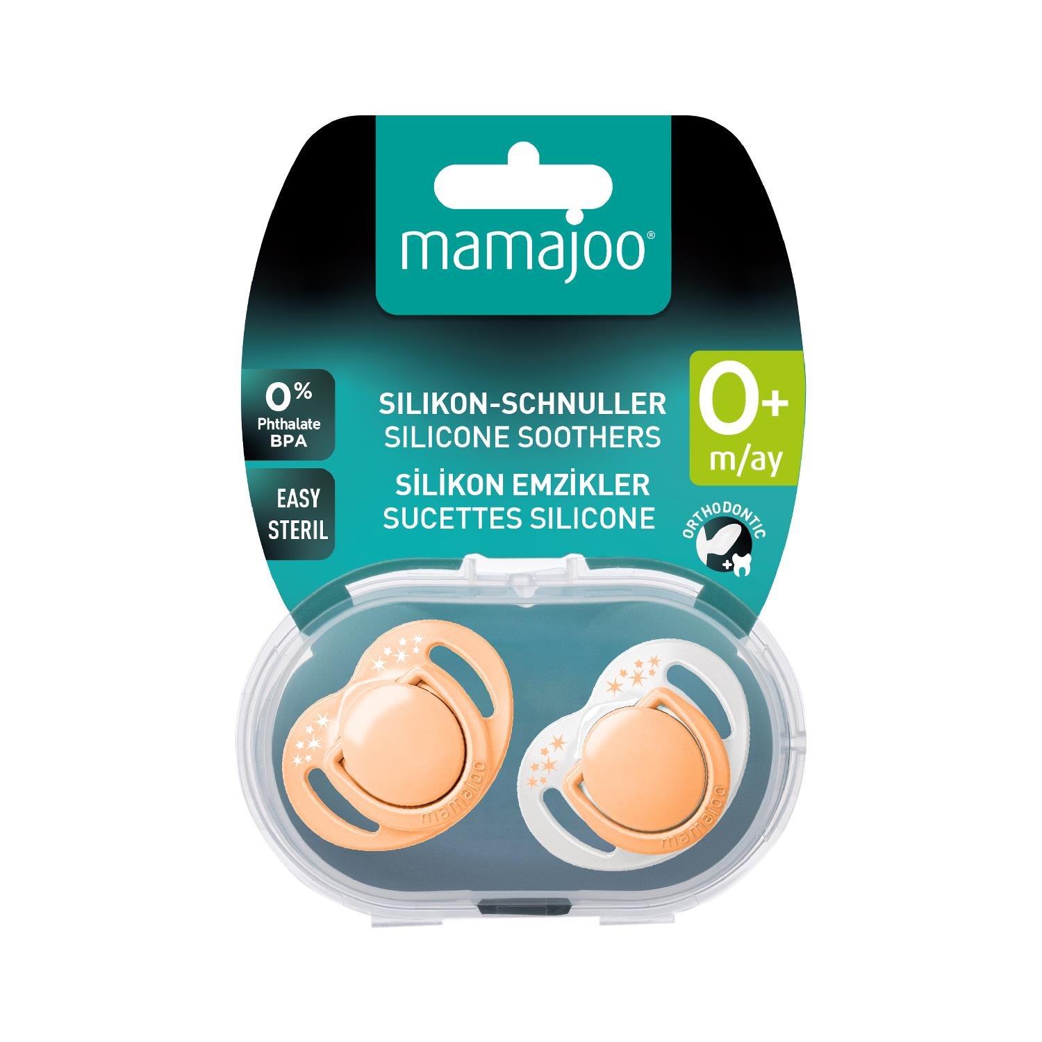 Mamajoo Ortodontik Emzik, 0+ Ay, Powder Blush, İkili | Geniş Hava Delikli, Saklama ve Sterilizasyon Kutusu Hediyeli