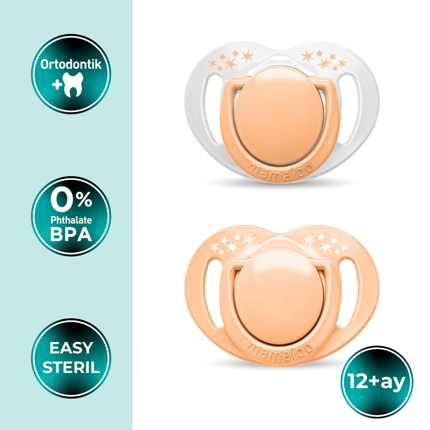 Mamajoo Ortodontik Emzik, 12+ Ay, Powder Blush, İkili | Geniş Hava Delikli, Saklama ve Sterilizasyon Kutusu Hediyeli