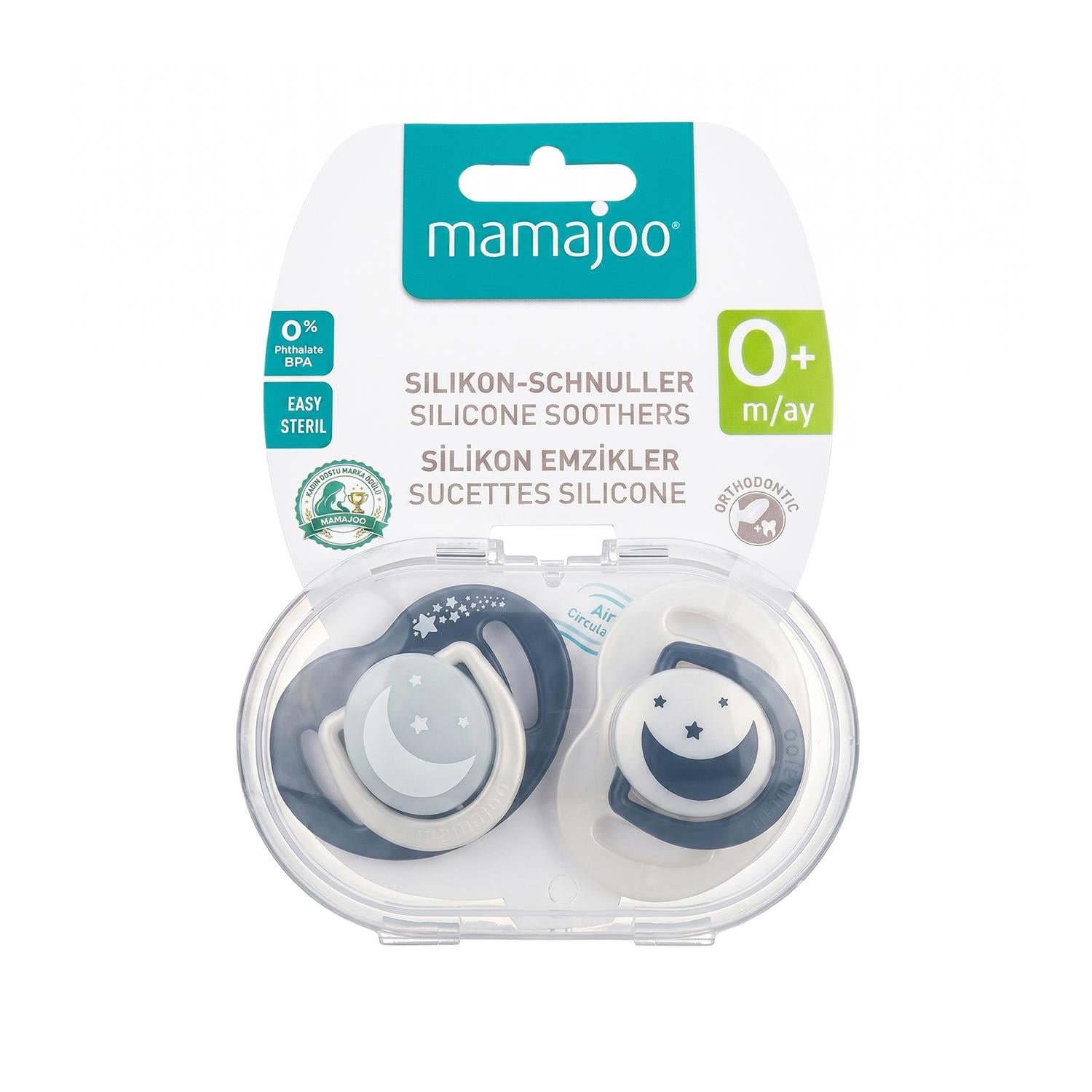 Mamajoo Ortodontik Emzik Seti 0 Ay+ Black & Pearl | İkili, Silikon, Damaklı | Sterilizasyon & Saklama Kabı Hediyeli