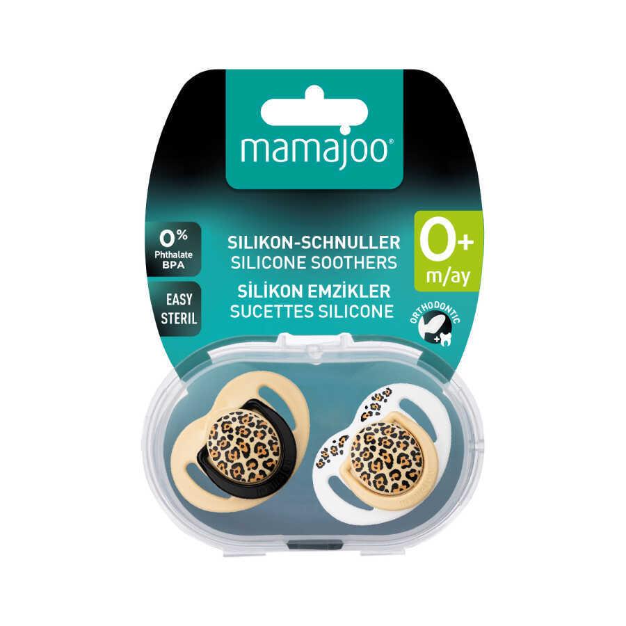 Mamajoo Ortodontik Emzik Seti 0 Ay+ Beige Leopard | İkili, Silikon, Damaklı | Sterilizasyon & Saklama Kabı Hediyeli