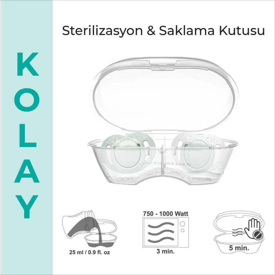 Mamajoo Ortodontik Emzik Seti 0 Ay+ Powder Green | İkili, Silikon, Damaklı | Sterilizasyon & Saklama Kabı Hediyeli