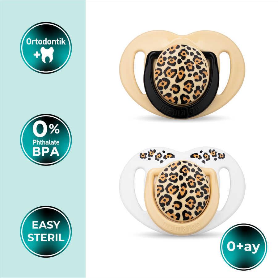 Mamajoo Ortodontik Emzik Seti 0 Ay+ Beige Leopard | İkili, Silikon, Damaklı | Sterilizasyon & Saklama Kabı Hediyeli