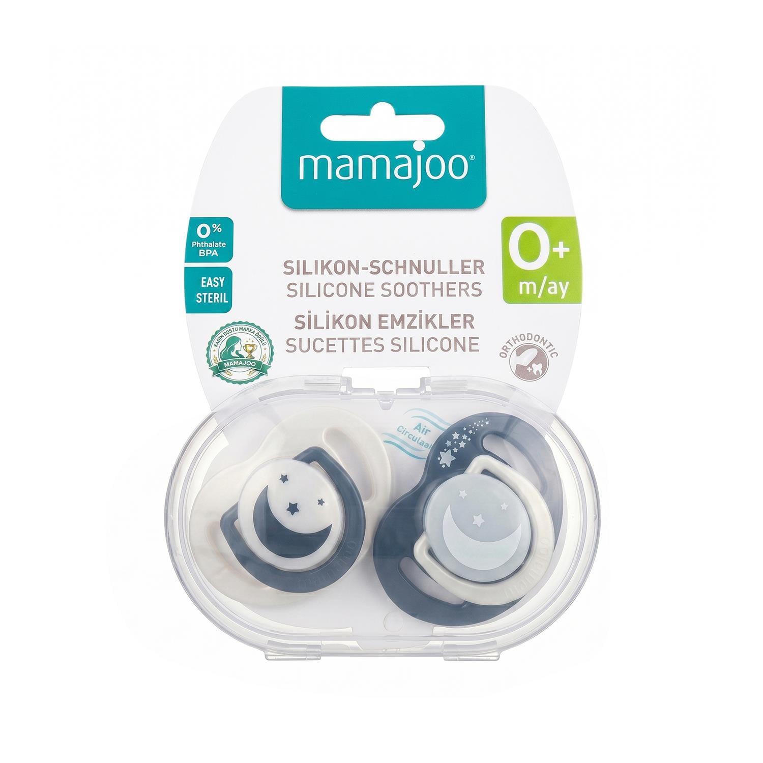 Mamajoo Ortodontik Emzik Seti 0 Ay+ Pearl & Black | İkili, Silikon, Damaklı | Sterilizasyon & Saklama Kabı Hediyeli
