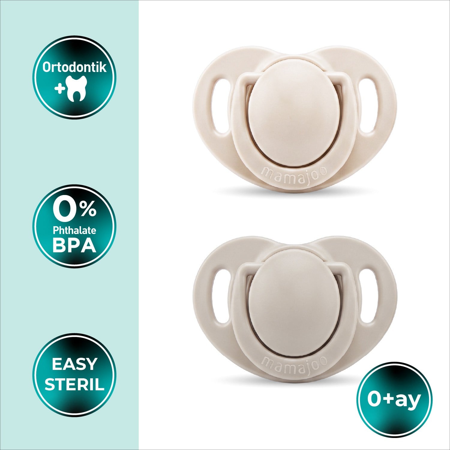 Mamajoo Ortodontik Emzik Seti 0 Ay+ Light Beige & Light Gray | İkili, Silikon, Damaklı | Sterilizasyon & Saklama Kabı Hediyeli