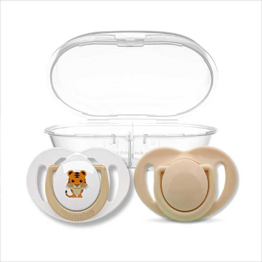 Mamajoo Ortodontik Emzik Seti 0 Ay+ Ekru & Kaplan | İkili, Silikon, Damaklı | Sterilizasyon & Saklama Kabı Hediyeli