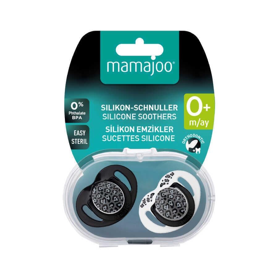 Mamajoo Ortodontik Emzik Seti 0 Ay+ Anthracite Leopard | İkili, Silikon, Damaklı | Sterilizasyon & Saklama Kabı Hediyeli