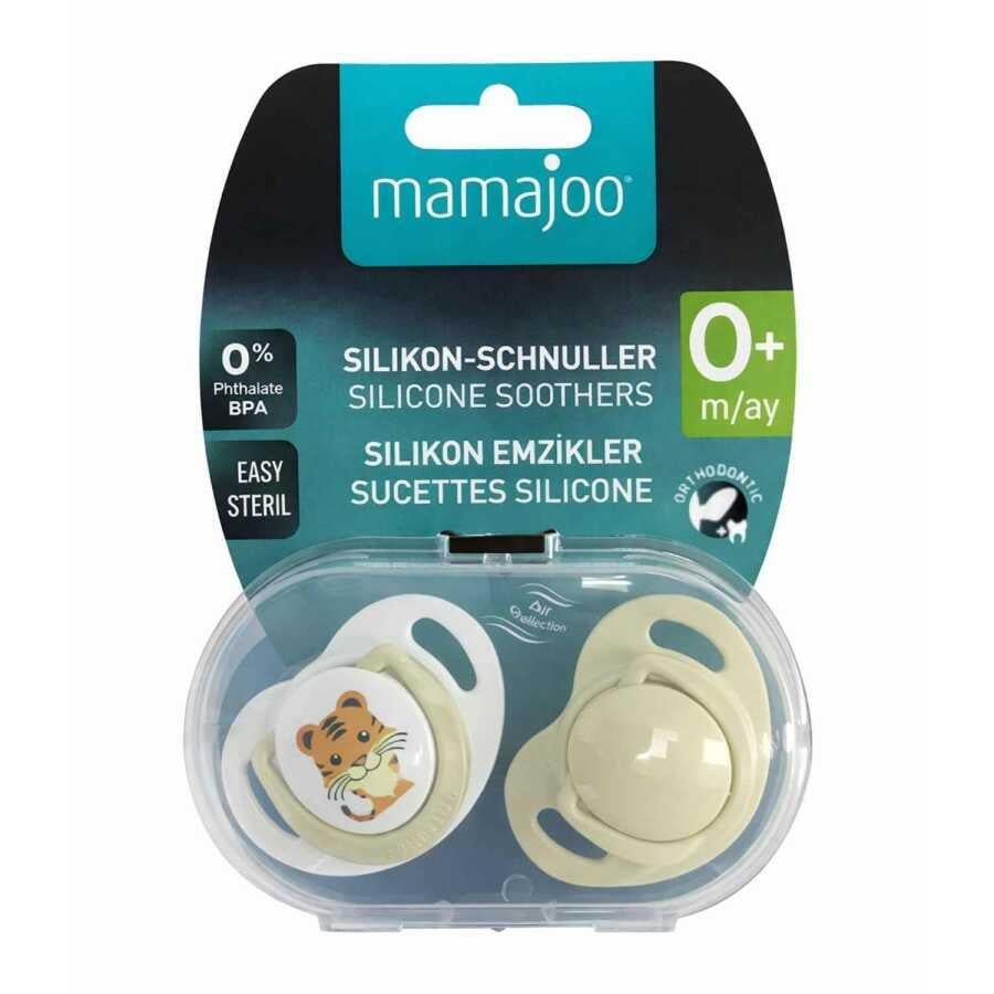 Mamajoo Ortodontik Emzik Seti 0 Ay+ Ekru & Kaplan | İkili, Silikon, Damaklı | Sterilizasyon & Saklama Kabı Hediyeli