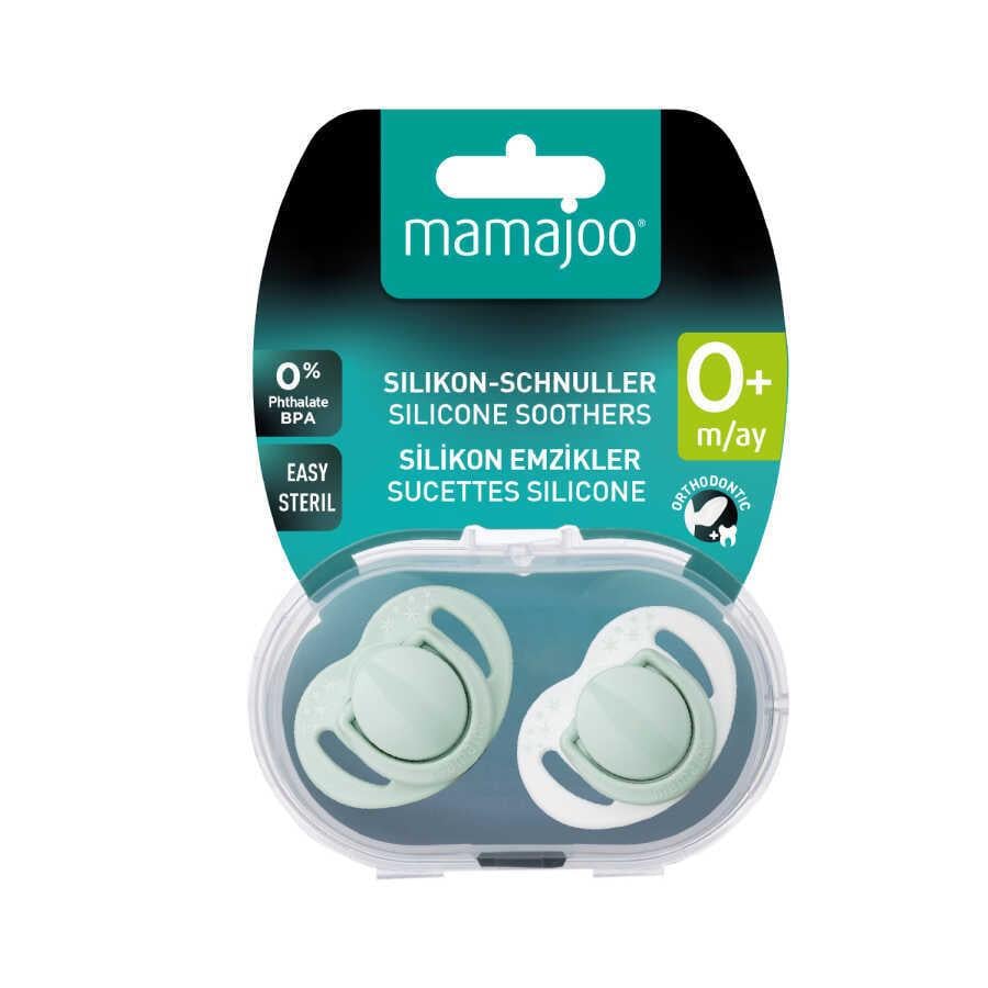 Mamajoo Ortodontik Emzik Seti 0 Ay+ Powder Green | İkili, Silikon, Damaklı | Sterilizasyon & Saklama Kabı Hediyeli