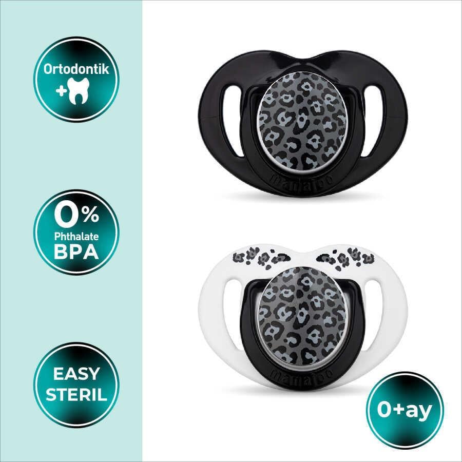 Mamajoo Ortodontik Emzik Seti 0 Ay+ Anthracite Leopard | İkili, Silikon, Damaklı | Sterilizasyon & Saklama Kabı Hediyeli