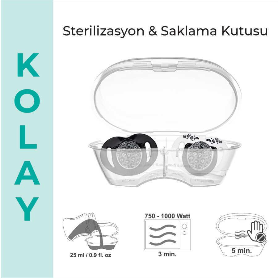 Mamajoo Ortodontik Emzik Seti 0 Ay+ Anthracite Leopard | İkili, Silikon, Damaklı | Sterilizasyon & Saklama Kabı Hediyeli