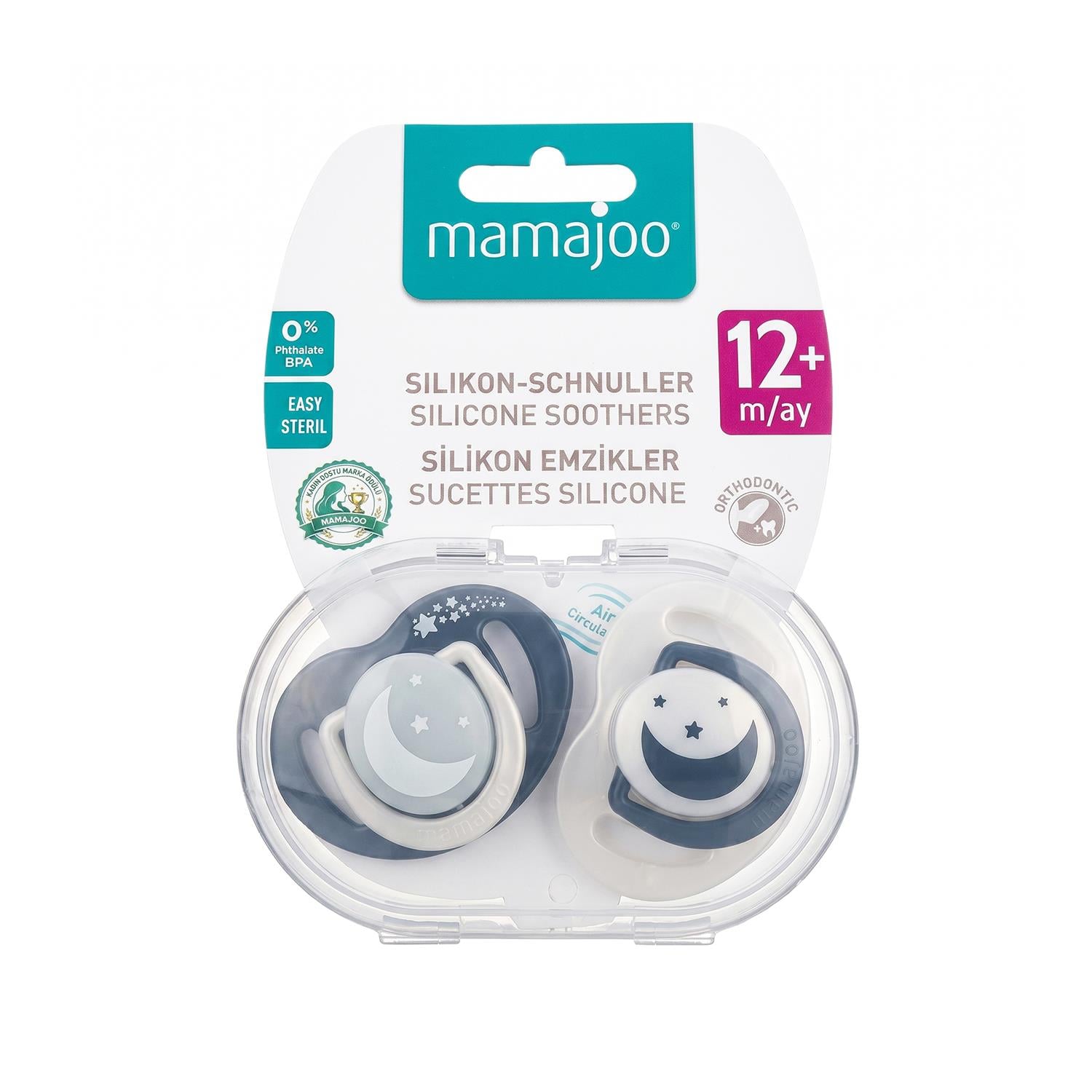Mamajoo Ortodontik Emzik Seti 12 Ay+ Black & Pearl | İkili, Silikon, Damaklı | Sterilizasyon & Saklama Kabı Hediyeli