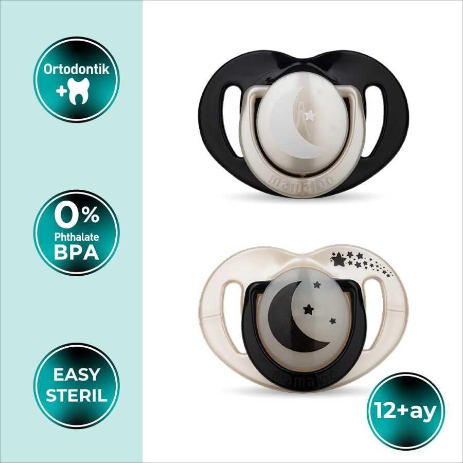 Mamajoo Ortodontik Emzik Seti 12 Ay+ Pearl & Black | İkili, Silikon, Damaklı | Sterilizasyon & Saklama Kabı Hediyeli