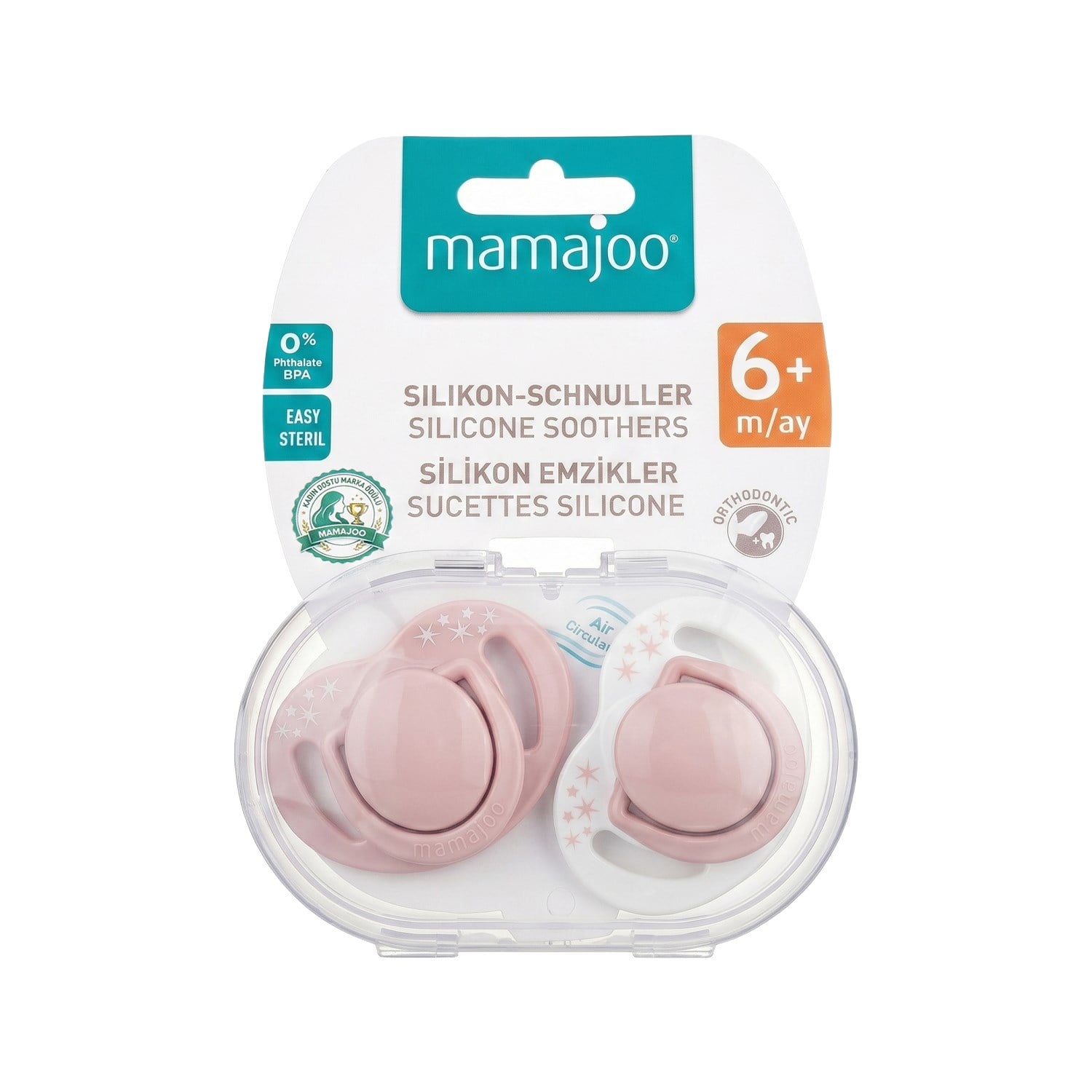 Mamajoo Ortodontik Emzik Seti 12 Ay+ Powder Pink | İkili, Silikon, Damaklı | Sterilizasyon & Saklama Kabı Hediyeli