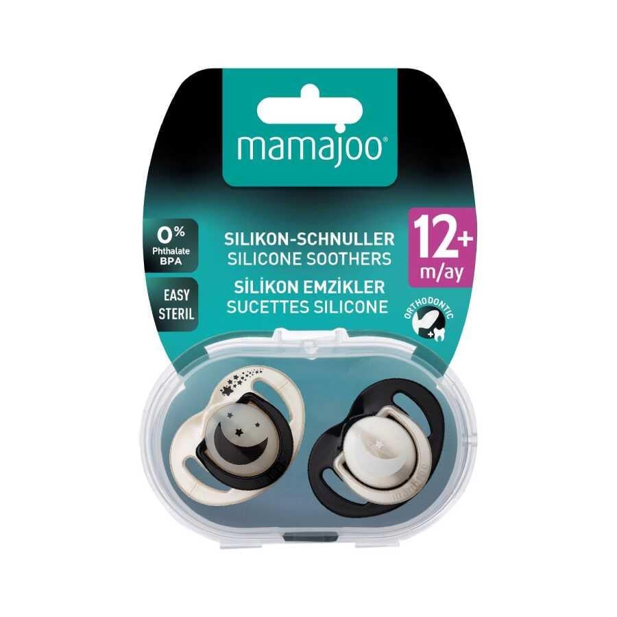 Mamajoo Ortodontik Emzik Seti 12 Ay+ Pearl & Black | İkili, Silikon, Damaklı | Sterilizasyon & Saklama Kabı Hediyeli