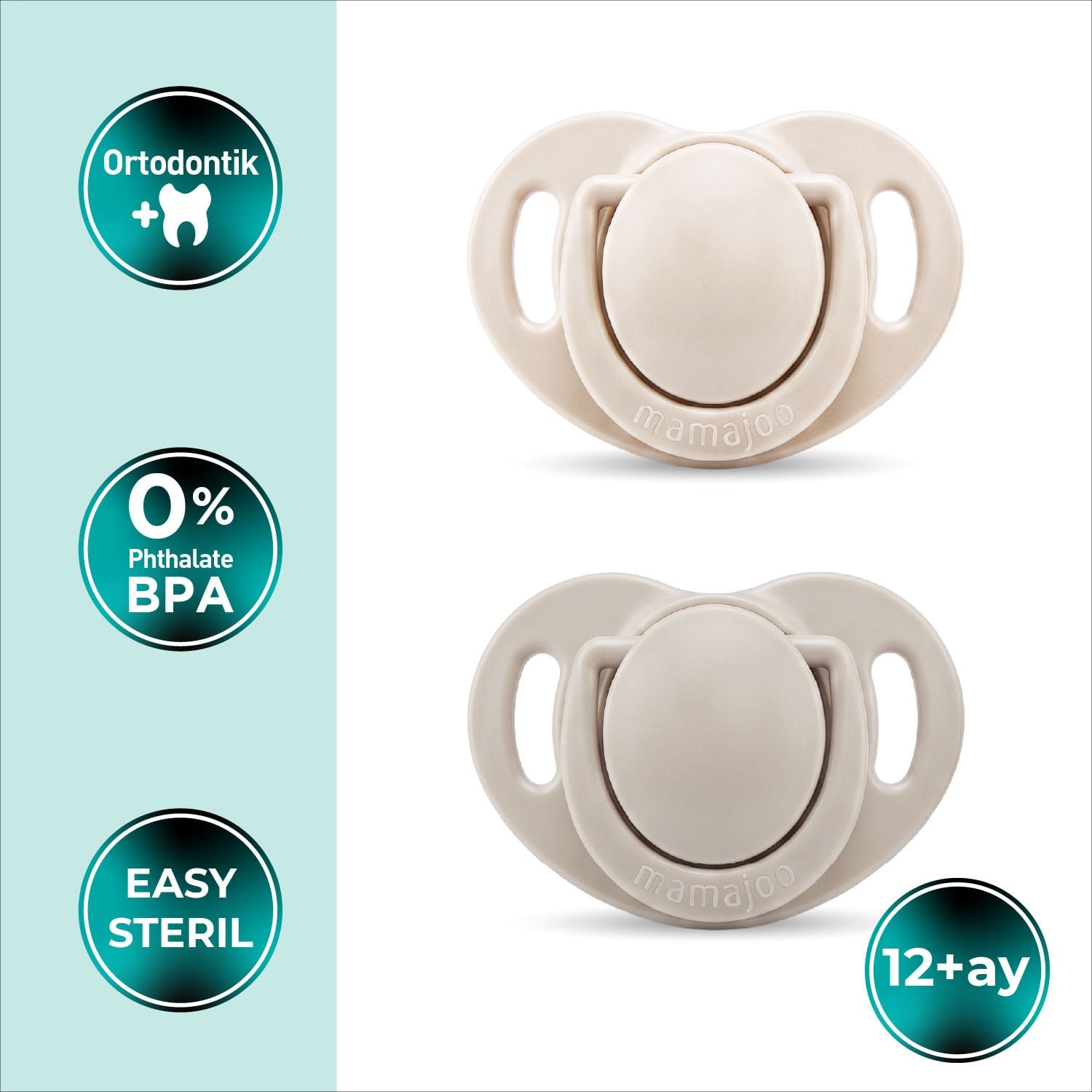 Mamajoo Ortodontik Emzik Seti 12 Ay+ Light Beige & Light Gray | İkili, Silikon, Damaklı | Sterilizasyon & Saklama Kabı Hediyeli