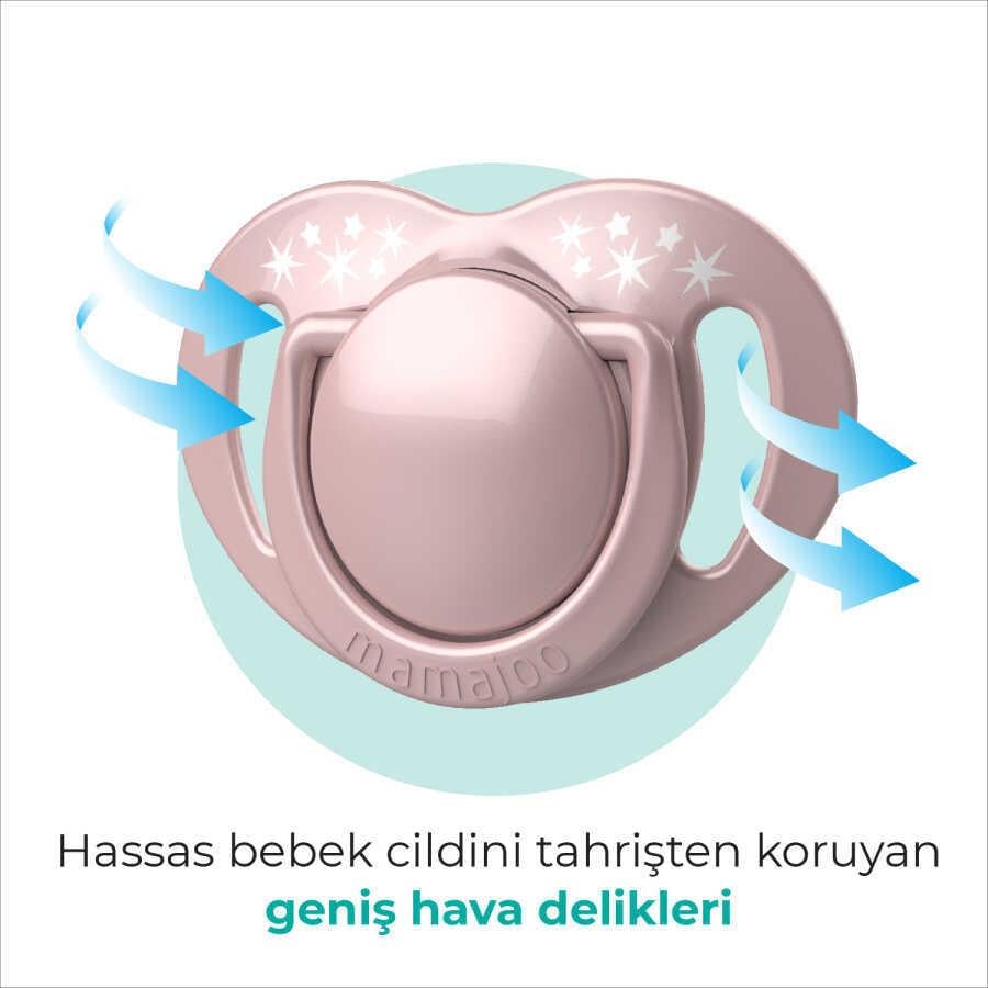 Mamajoo Ortodontik Emzik Seti 6 Ay+ Powder Pink | İkili, Silikon, Damaklı | Sterilizasyon & Saklama Kabı Hediyeli