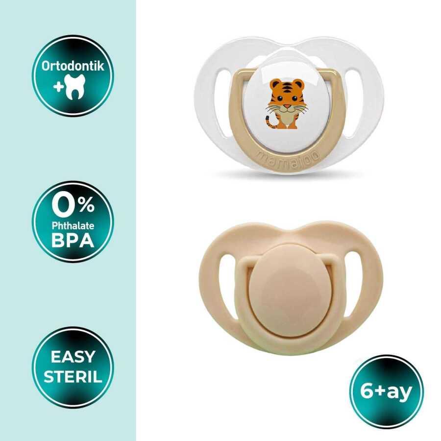 Mamajoo Ortodontik Emzik Seti 6 Ay+ Ekru & Kaplan | İkili, Silikon, Damaklı | Sterilizasyon & Saklama Kabı Hediyeli