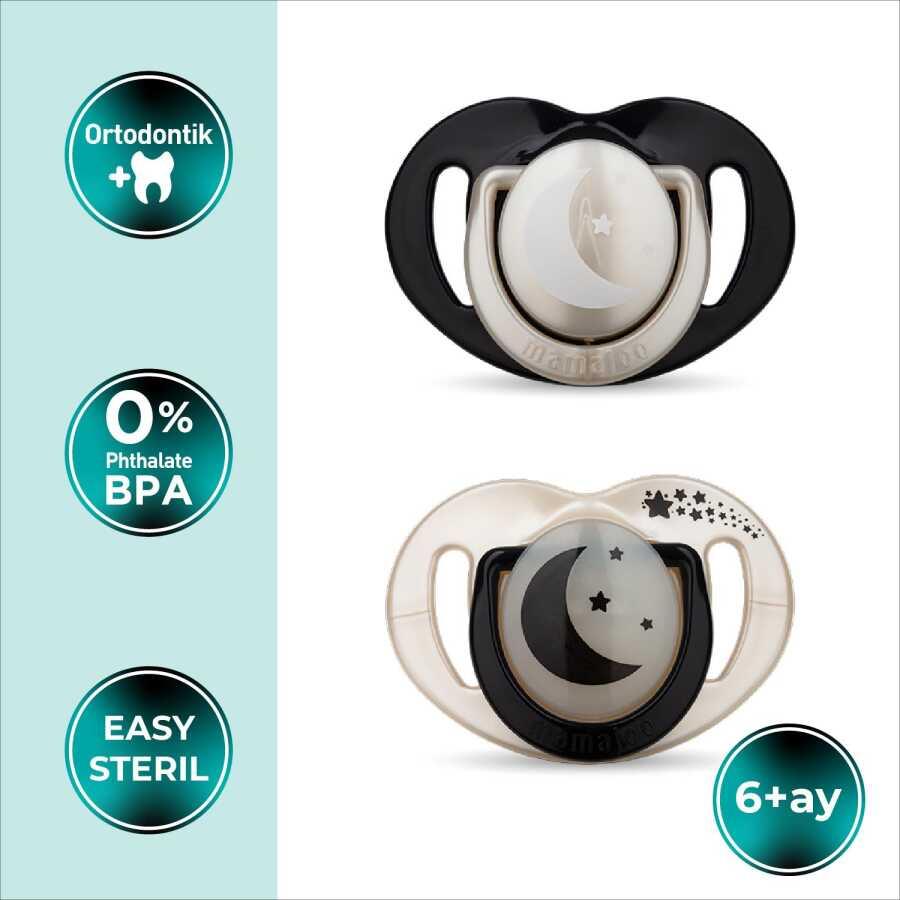 Mamajoo Ortodontik Emzik Seti 6 Ay+ Pearl & Black | İkili, Silikon, Damaklı | Sterilizasyon & Saklama Kabı Hediyeli