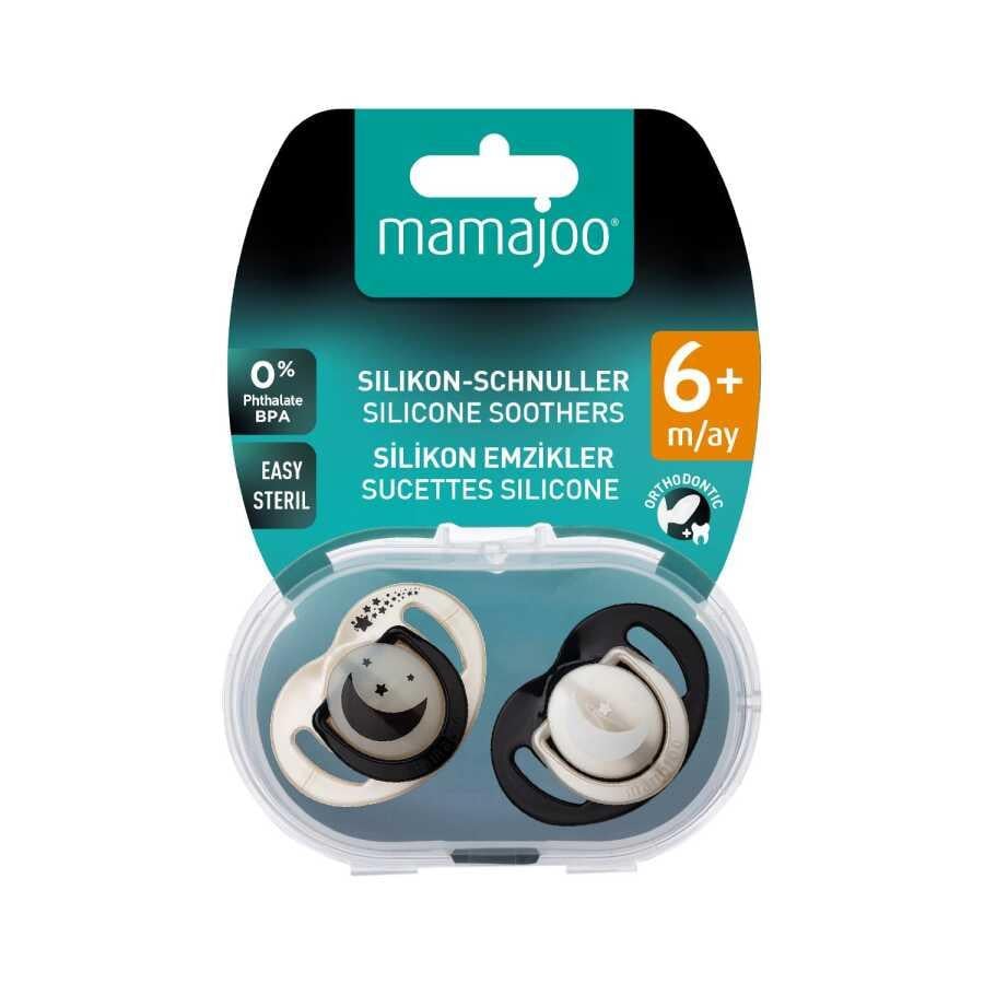 Mamajoo Ortodontik Emzik Seti 6 Ay+ Pearl & Black | İkili, Silikon, Damaklı | Sterilizasyon & Saklama Kabı Hediyeli