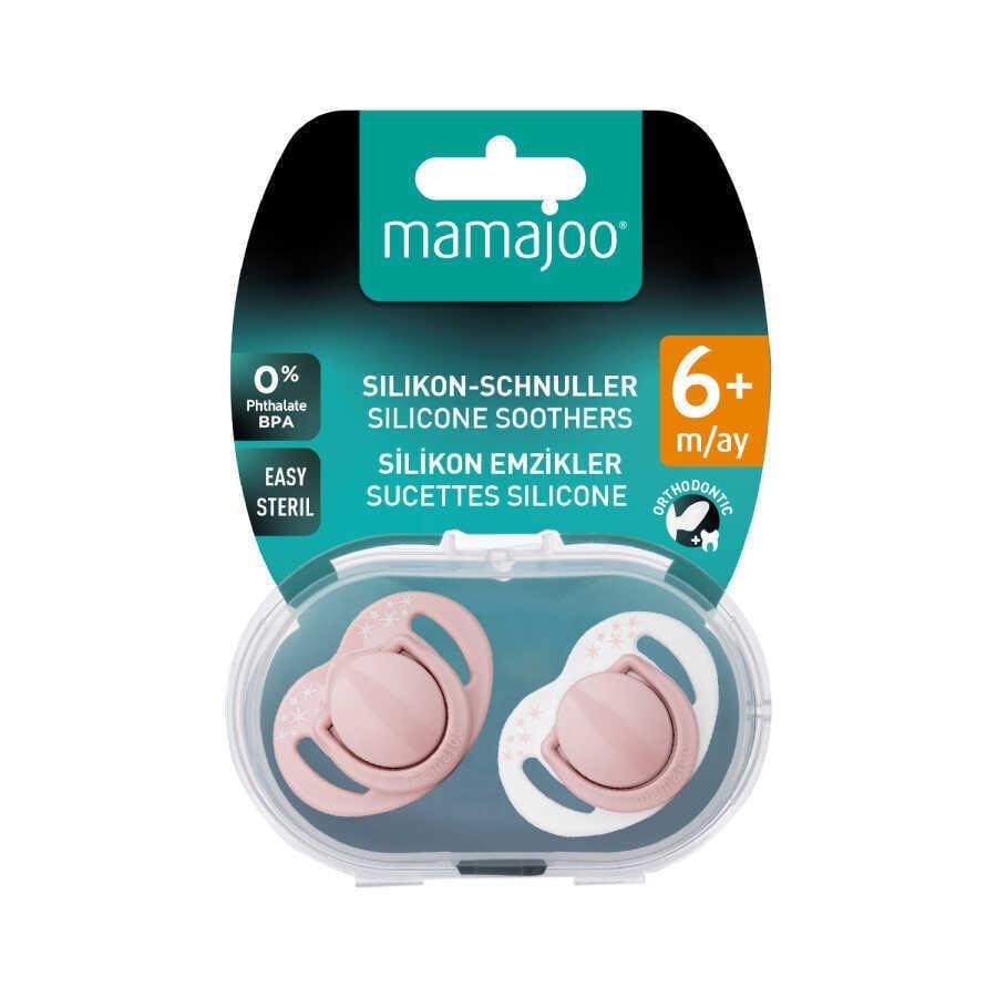 Mamajoo Ortodontik Emzik Seti 6 Ay+ Powder Pink | İkili, Silikon, Damaklı | Sterilizasyon & Saklama Kabı Hediyeli