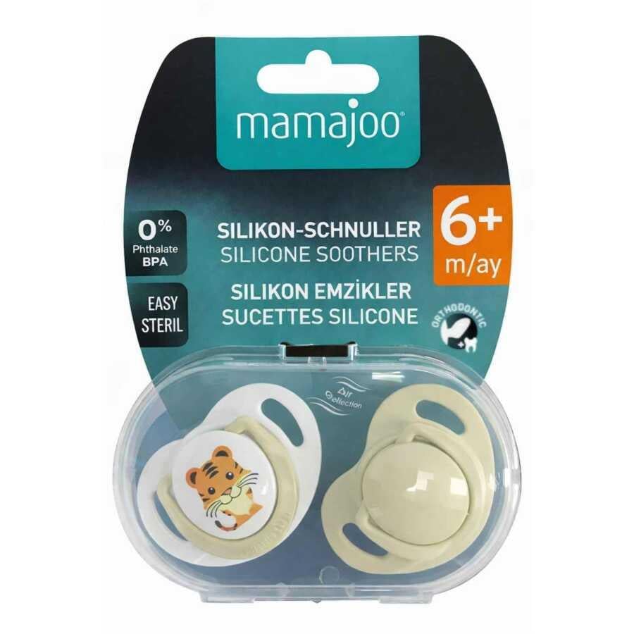 Mamajoo Ortodontik Emzik Seti 6 Ay+ Ekru & Kaplan | İkili, Silikon, Damaklı | Sterilizasyon & Saklama Kabı Hediyeli