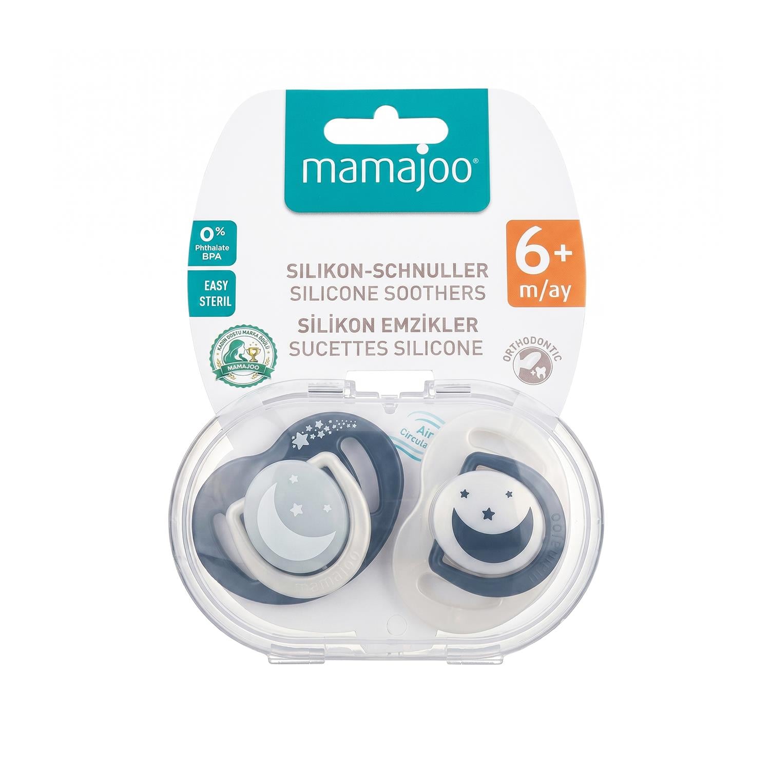 Mamajoo Ortodontik Emzik Seti 6 Ay+ Black & Pearl | İkili, Silikon, Damaklı | Sterilizasyon & Saklama Kabı Hediyeli