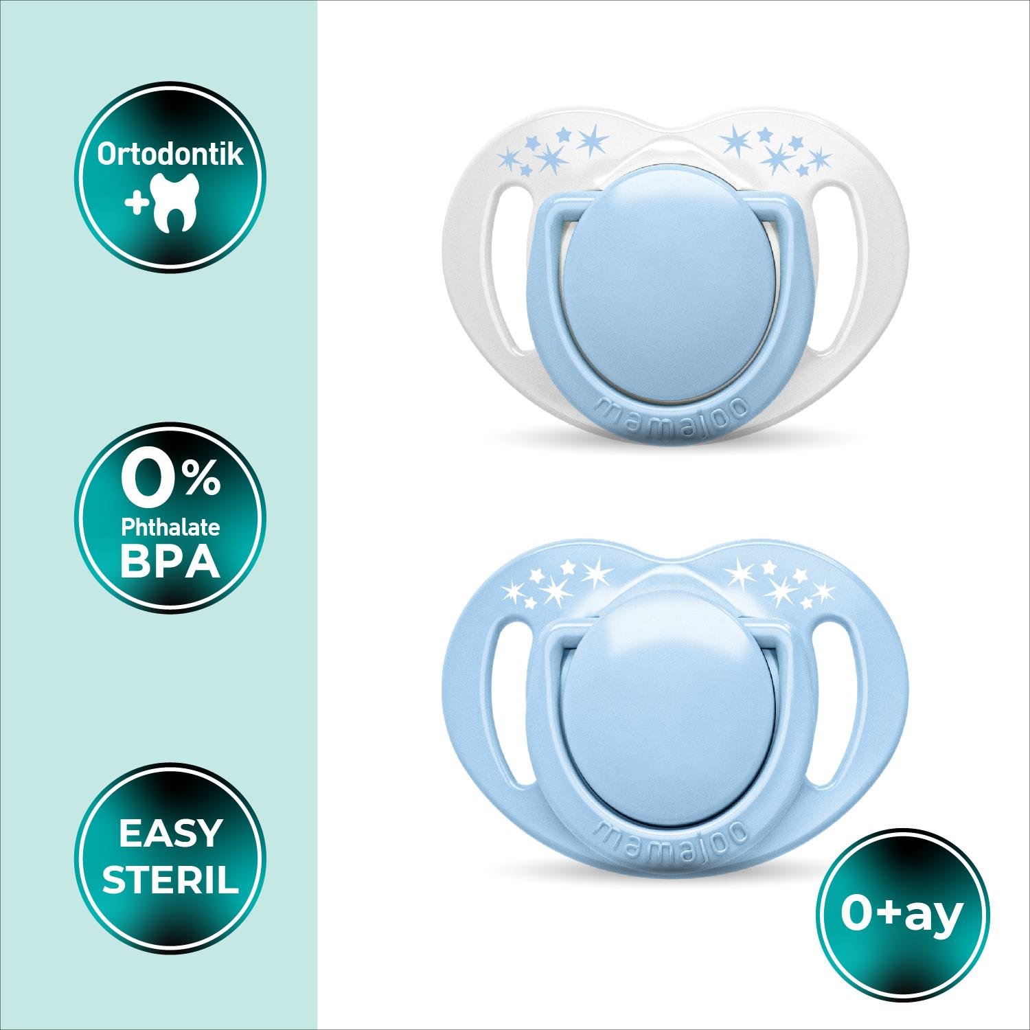 Mamajoo Ortodontik Emzik, Silikon, 0+ Ay, Powder Blue Desenli, İkili | Saklama Kutu Hediyeli, Damak Dostu, Geniş Hava Delikli