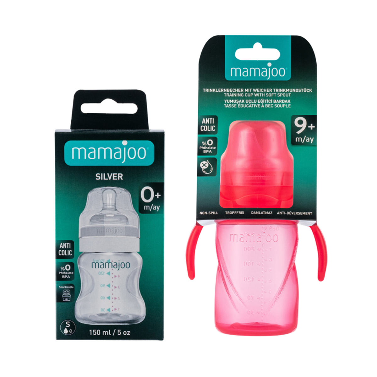 Mamajoo Silver Biberon 150 ml & Kulplu Eğitici Bardak 270 ml / Pembe