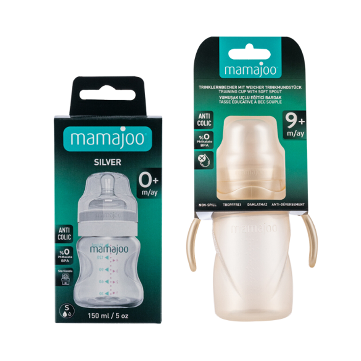 Mamajoo Silver Biberon 150 ml & Kulplu Eğitici Bardak 270 ml / Pearl