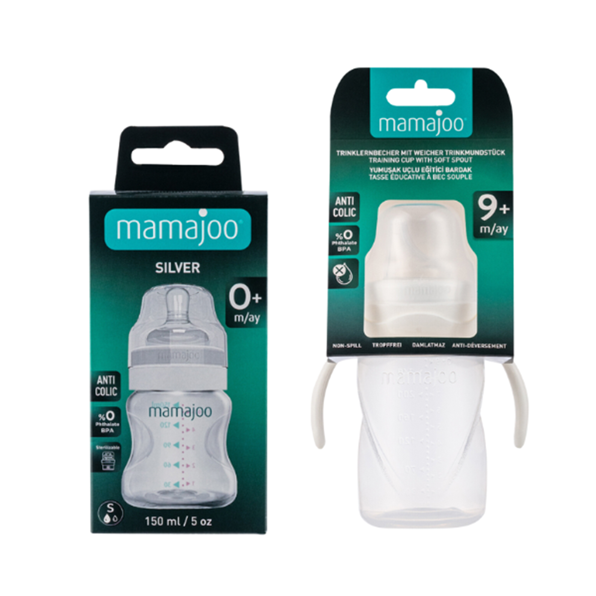 Mamajoo Silver Biberon 150 ml & Kulplu Eğitici Bardak 270 ml / Beyaz
